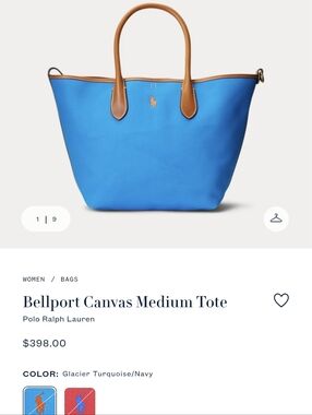 Ralph Lauren Bellport Reversible Turquoise Canvas Tote with Tan Leather Trim